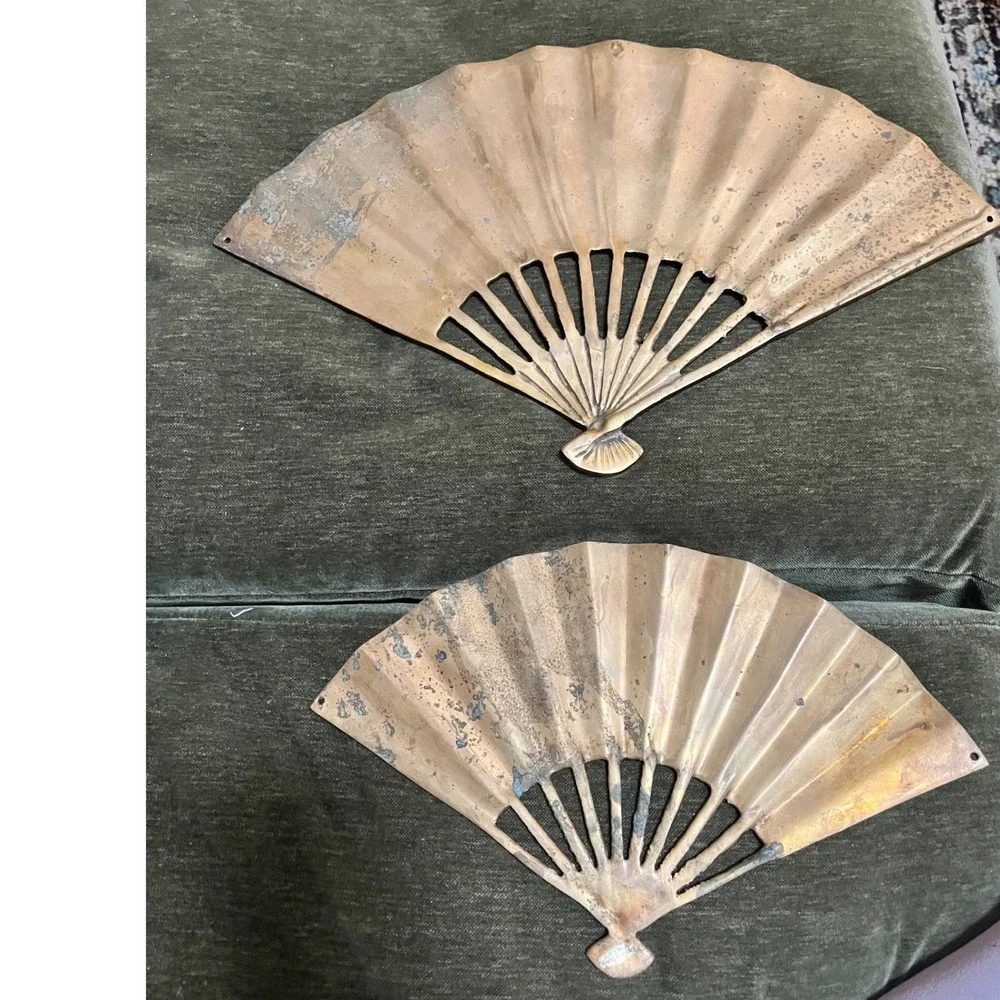 Vintage Brass Fans Set of‎ Two Embossed Dragon Phoenix Floral Taiwan